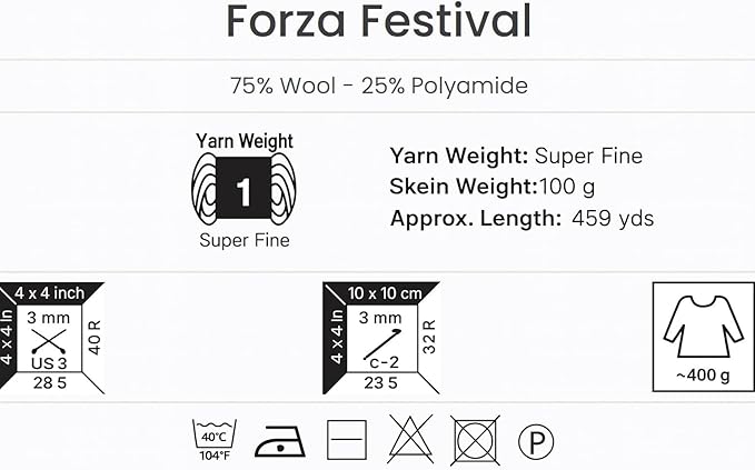 YarnArt Forza Festival Self-Striping Wool Blend Fingering Yarn, 100g (459 yd) – Gradient Color Yarn for Knitting, Crochet, Socks & Shawls (2914)