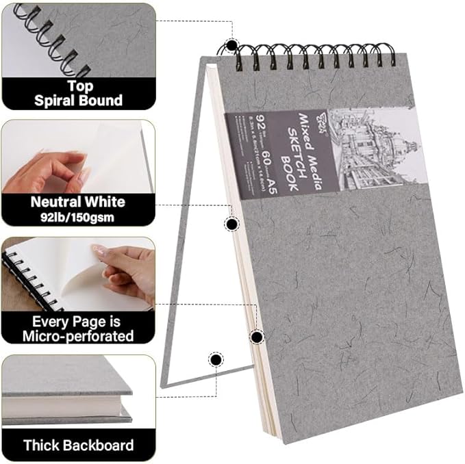 5.8" x 8.3" Mixed Media Sketch Book,Spiral Bound Hardcover Sketchbook,60 Sheets 92lb/150gsm Neutral White Acid Free Paper,Art Journal Sketchbook for Drawing Writing Sketching Illustration,Silver Gray