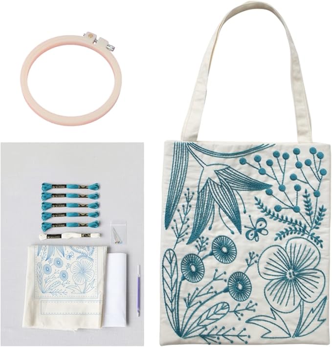 smart-feather flower embroidery kit tote bag, hand embroidery kit for adults beginner with embroidery patterns, embroidery hoop,diy sewing kit
