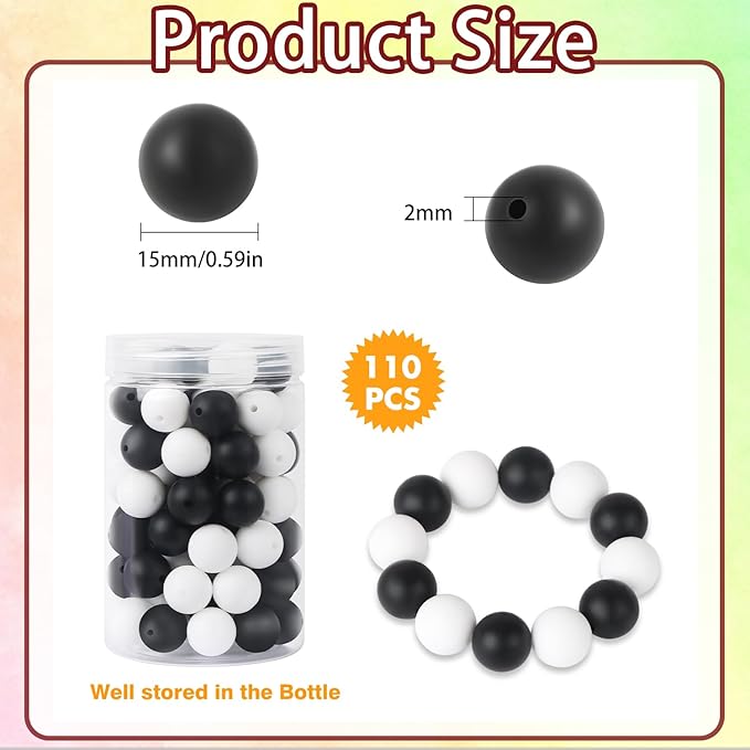 110 Pcs Silicone Focal Beads, EVERMARKET 15mm Silicone Beads for Keychain Making, Round Silicone Beads Bulk with Bottle, Rubber Loose Beads for Pens Crafts Necklace Bracelet Lanyard (Black White)