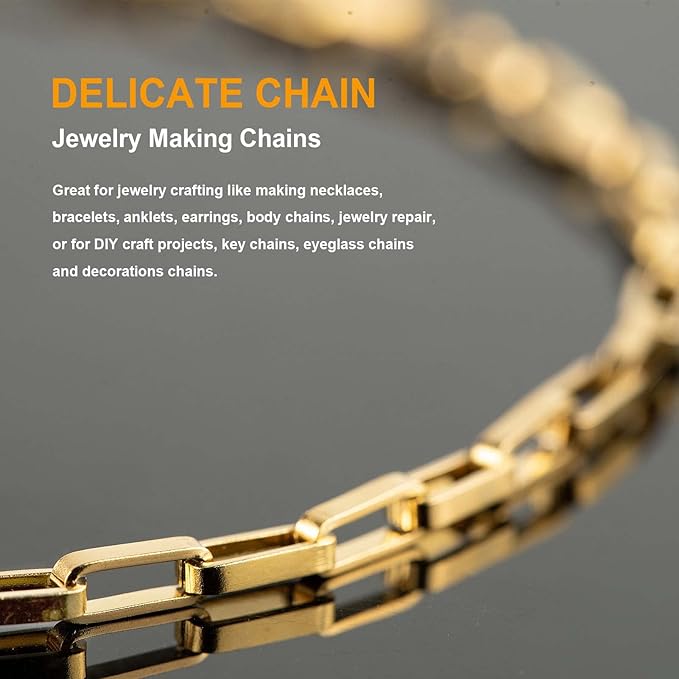 KYUNHOO 16.4 Feet/5M Gold Plated Box Chain Bulk Stainless Steel Jewelry Making Chains 3MM Thin Square Link Jewelry Chains for Necklace Bracelet DIY with Jump Rings and Lobster Claps