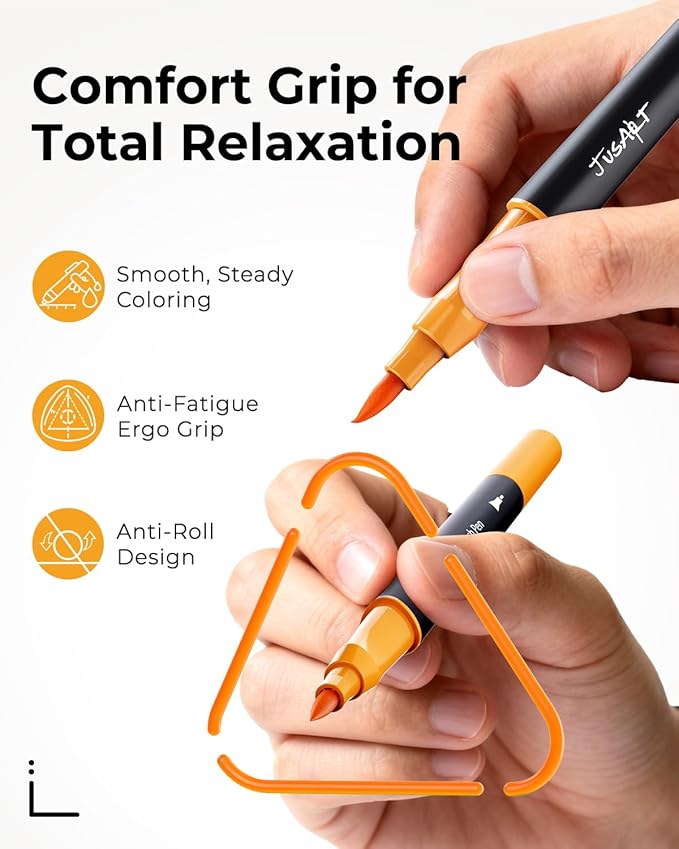 JusArt Markers for Adult Coloring Books No Bleeding, 80 Colors Coloring Markers with Dual Tips, Fine & Brush Pens with Ergonomic Triangle Grip & 33% More Ink, Water-Based Art Drawing Set for Adults