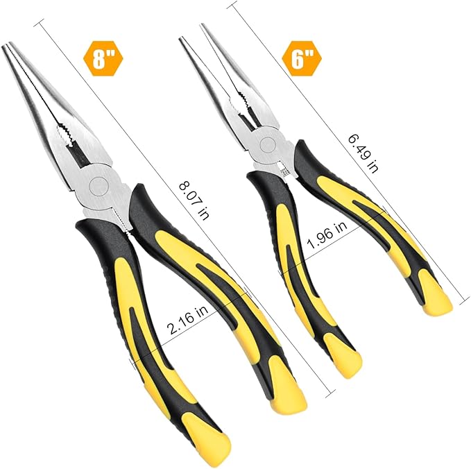 zuzuan premium long needle nose pliers-6''&8'', paper clamp precision, high carbon steel, soft grip with wire cutter, long nose cutting pliers for home, fishing, jewelry, crafts,2pcs