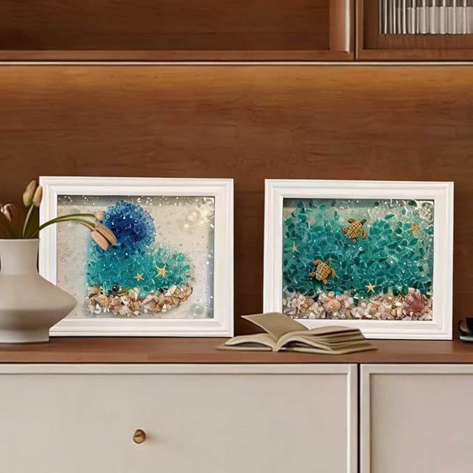Sea Glass Art Kit, Mosaic Glass Photo Frame Set 9.5x7.5 Inch, Handcraft Style DIY Mosaic Craft Kits, DIY Resin Beach Art Kit for Home Decoration, Office, Bookshelf/Windowsill (Christmas Tree)