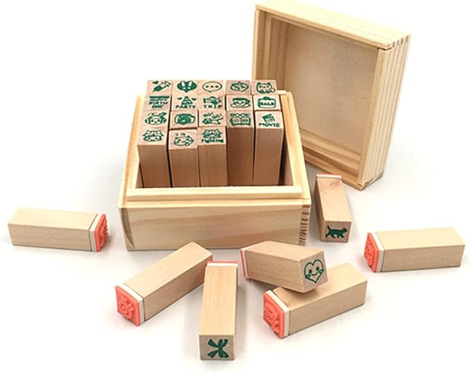 Diary Stamp Set,Wooden Rubber Signet for Children DIY Scrapbooking Card Making(25pcs,Happy Life)
