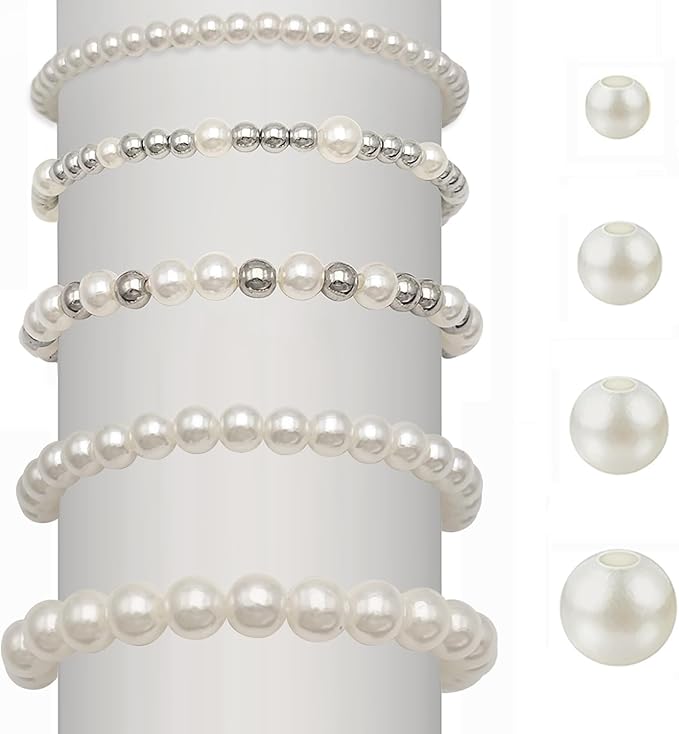 Round Spacer Beads 3/4/6/8mm 4 Size Smooth Ball Beads for Jewelry Making Metal Circle Bead for Bracelet Necklace Earring Making Supply (Pearl)