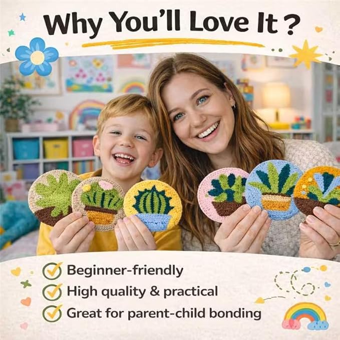Punch Needle Coaster Kit for Adults Beginners, Easy Punch Embroidery Starter Set with Instructions – Fun Mug Rug Making Kit for Table Decor & Festival DIY Gifts (6pcs Succulent Plants)