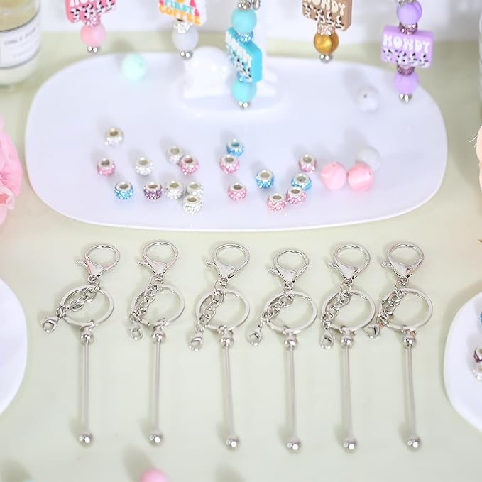 XKCWXY 84Pcs Beadable Keychains Set,Keychains Bulk for Keychain Making Accessories with beadable Keychain bar Silicone Beads Spacer Beads