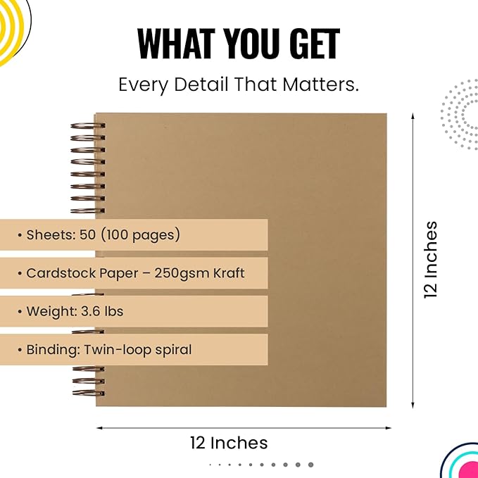 Scrapbook Album | Extra Thick Kraft Paper with Hardcover - 12 x 12 250 gsm, 50 sheet