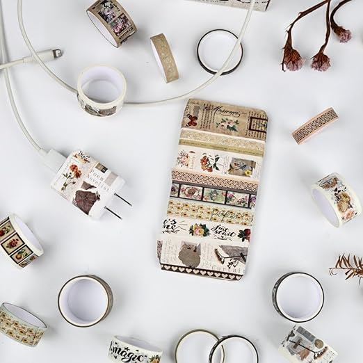 Washi Tape Set, 20 Rolls Time Imprint Theme, Washi Tape for Journaling, Decorative Tape for Scrapbooking, Junk Journal Supplies
