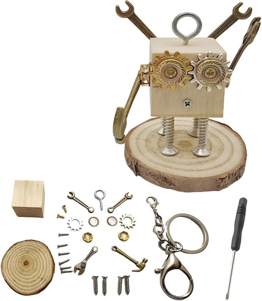 Mini Steampunk Robot Model Building Kit for Adults, Teens, Kids - Desk Figures DIY Project Construction with Wood & Metal - Perfect Gifts, Office Decor, STEAM Education - Keychain Charms(Repairman)