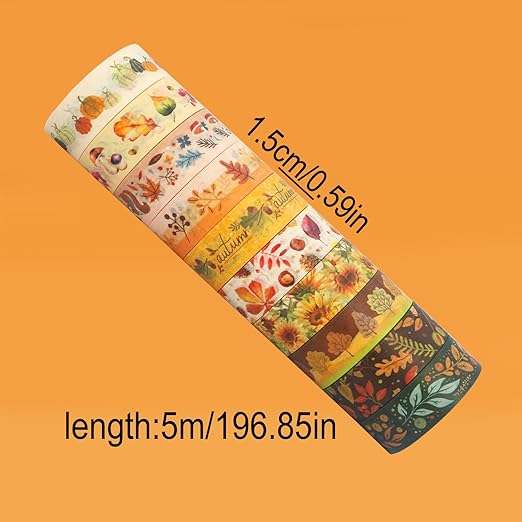 Autumn Washi Tape Set 10 Rolls - Yellow Leaves & Flowers Masking Decorative Tapes for Bullet Journal, Planner, DIY Arts Crafts, Scrapbooking Party Favors (Autumn)