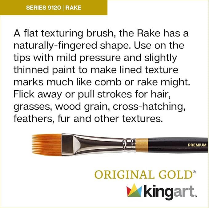 KINGART Premium 3 pc. Original Gold 9120 Series RAKE Comb Artist Brush Set, Synthetic Golden Taklon Hair for Acrylic, Oil, Watercolor and Gouache Paint, Short Handle, 3 Sizes: 1/8", 1/4", 1/2"