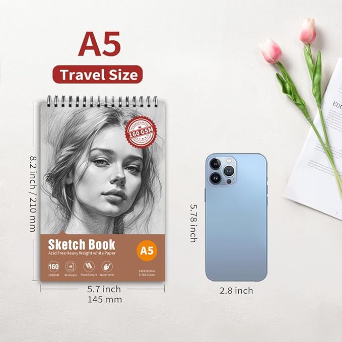 Thickened Mixed Media Sketchbook - Three Different Sizes, Drawing Paper Pad-108lb/160gsm, (Character Sketch, A5 (Travel Size) 5.7X8.2 inch)