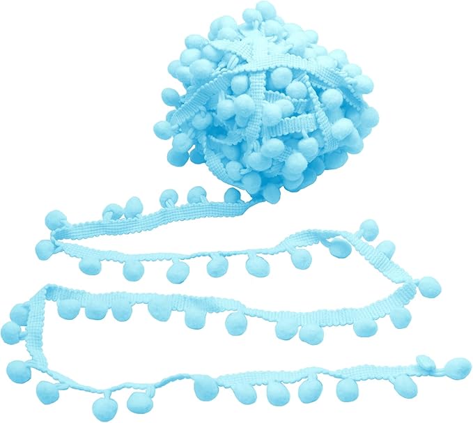 Homiest 10 Yards Pom Pom Trim for Sewing, 1 Inch Wide Baby Blue Ribbon Bundles Textured Fabric Fringe Ribbon, 13mm Ball Pompom Trim for DIY Crafts Curtain Clothes Pillow Home Decoration