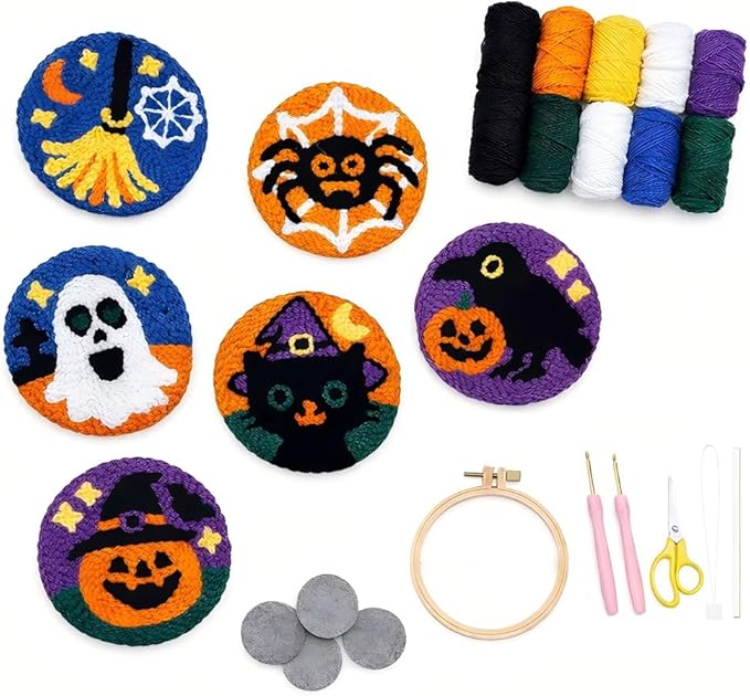 Halloween Punch Needl Kit for Adults Beginners, Easy Embroidery Punch Coaster Starter Set with Instruction – Fun Needle Point Craft for Table Decor & Festival DIY Gifts (6pcs Spooky)