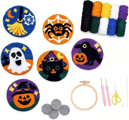 Halloween Punch Needl Kit for Adults Beginners, Easy Embroidery Punch Coaster Starter Set with Instruction – Fun Needle Point Craft for Table Decor & Festival DIY Gifts (6pcs Spooky)