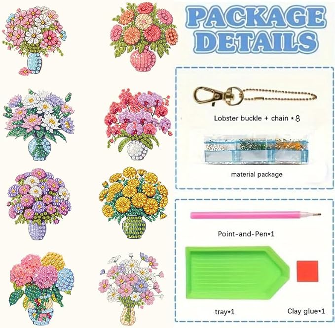 Masendp Diamond Painting Kit Keychain, 8 Pieces Diamond Art Painting Keyring 5D DIY Double-Sided Arts & Crafts Kit Mosaic Making Pendant Ornament Adult Craft Accessories (Floral)