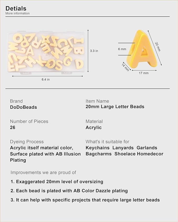 26 Pcs Cute Large Yellow Letter Beads, 20mm Jumbo Square Acrylic Letter Beads, Big Letter Beads for Bracelets, Necklaces, Bagcharms, Shoelaces, Keychains, Lanyards, Letter Charms for Craft