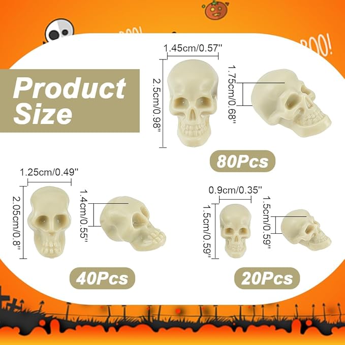 arricraft 140 Pcs 3 Sizes Mini Plastic Skull Heads, Halloween Skeleton Figurines Miniature Skulls Vase Filler Skull Table Decorations Human Head Bone Decor for Party Crafting