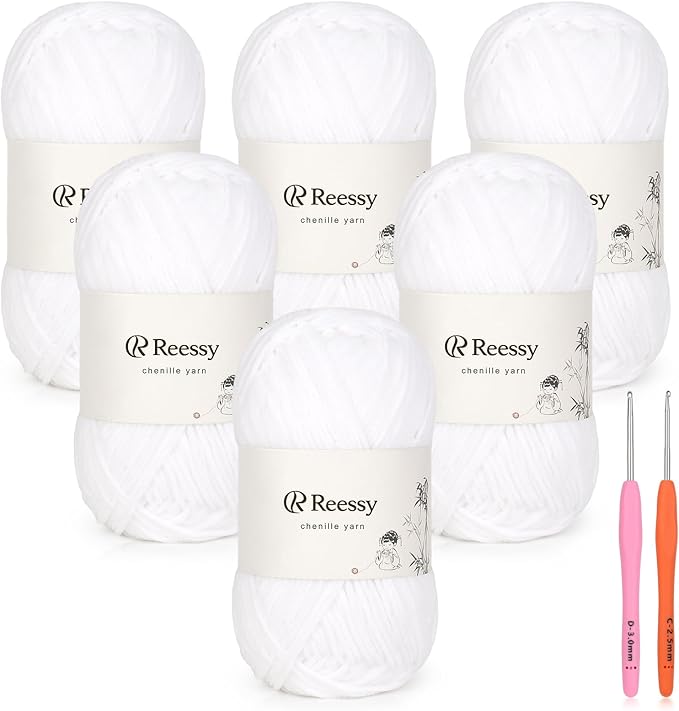Skinny Chenille Yarn for Crocheting - 6 Pack of 50g/158yd (948yd Total) - Soft Matte Thin Chenille CYC #2 - Fine Weight Baby Yarn for Plush Toys, Baby Blankets & Small Crafts(Snow White)