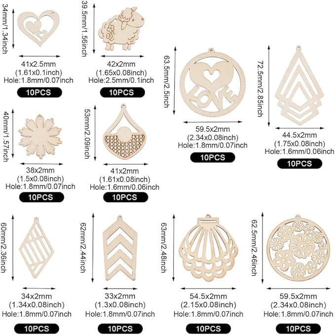 100pcs Natural Unfinished Hollow Wooden Pendants Filigree Blank Wood Cutouts Assorted Flower Leaf Wood Pieces for Earring Pendants Jewelry Crafts Making