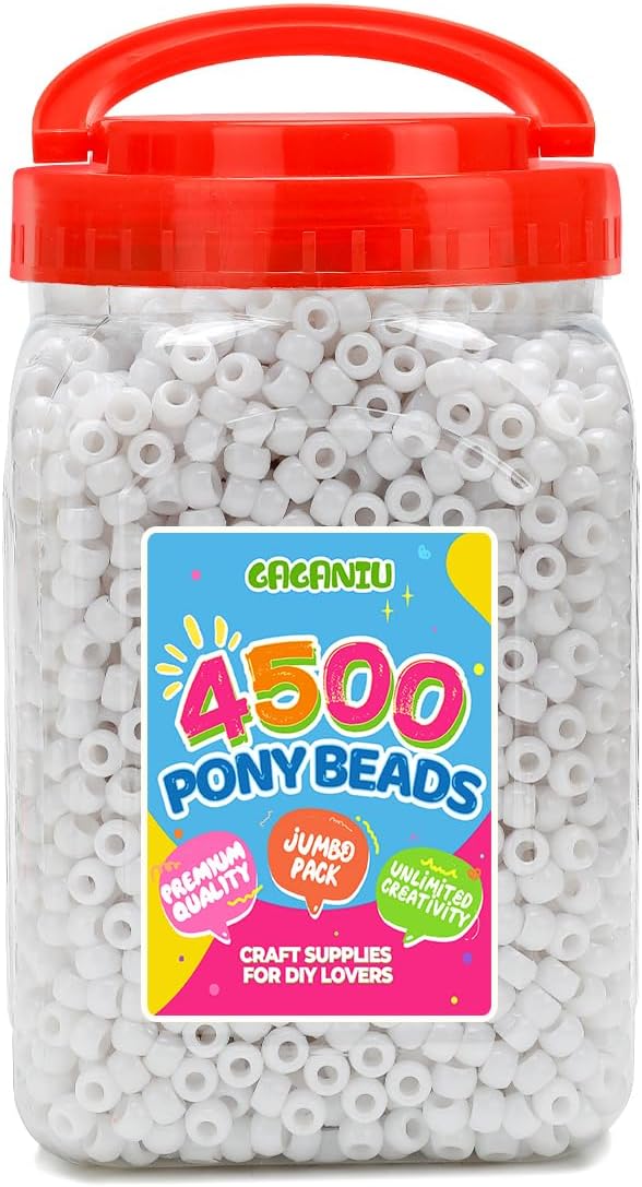 4500 pcs whit pony beads 2.5 lb bulk,white 6x9mm plastic kandi beads in handle bucket for craft supplies,jewelry making, bracelets, hair braiding & diy projects
