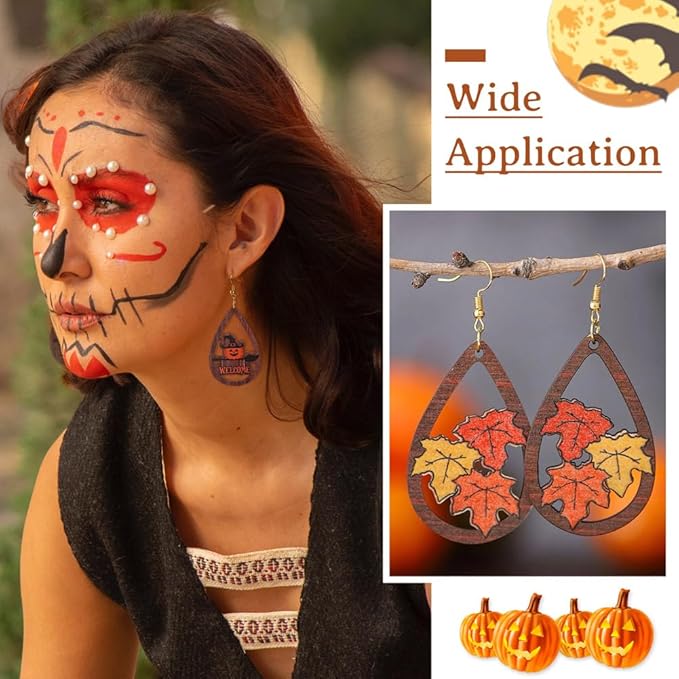32pcs Halloween Teardrop Wooden Earring Charms Big Hollow Wood Cutouts with Pumpkin & Ghost & Witch Printed for Necklace Keychain DIY Jewelry Craft Making