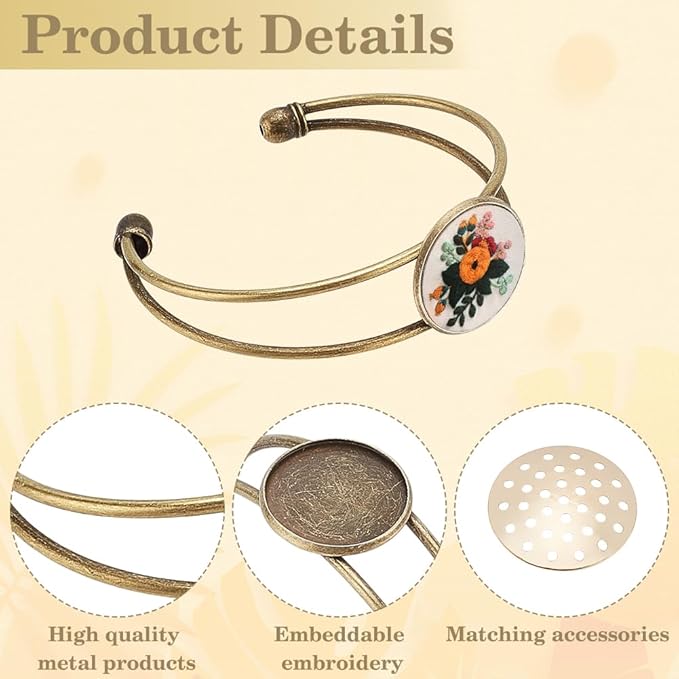 FREEBLOSS 4 Set Bracelet Bazel Settings Embroidery Bezel Pendant Trays Blank Frame for Embroidery Round Pendant Tray Charm for DIY Jewelry Making Needlepoint Supplies