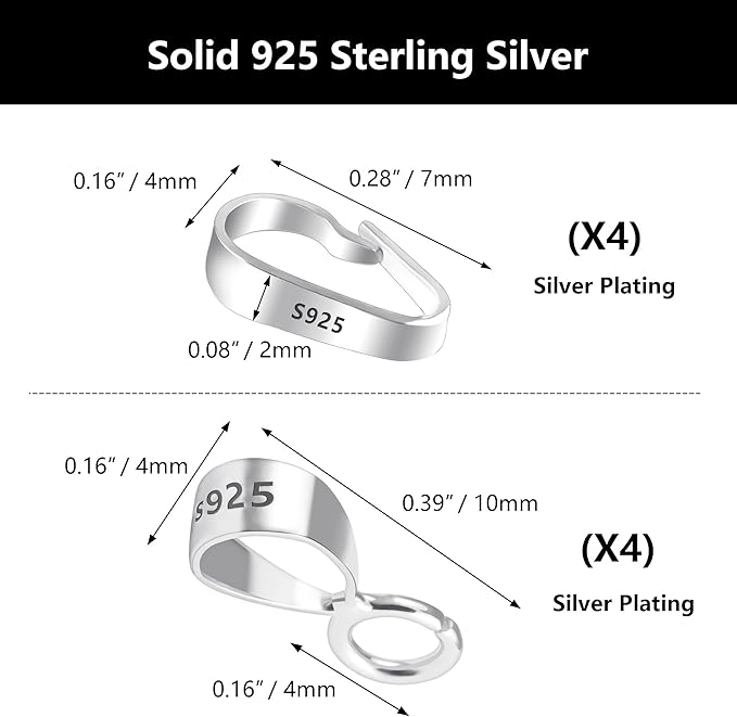 8Pcs 925 Sterling Silver Pendant Clasp Pinch Clip Bails for Jewelry Making, Slider Pendant Connectors with Open Loop, Sterling Silver Findings Jewelry Pendants Clasps for Necklace Charms