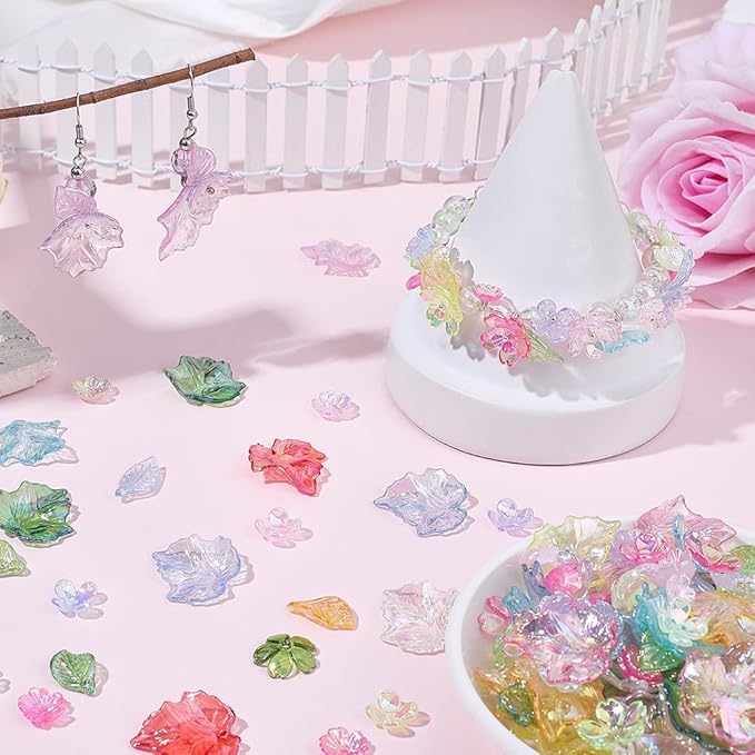 350Pcs Acrylic DIY Flower Leaf Beads Kits Including Assorted AB Color Plated 5-Petal Floral Acrylic Bead Caps Maple Leaf Pendants Charms for Earring Bracelet Necklace Craft Jewelry Making