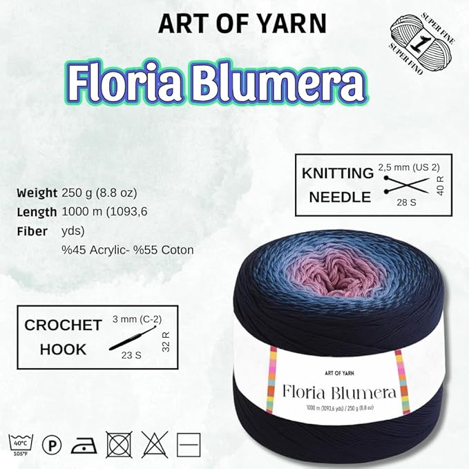 Floria Blumera Yarn 55% Cotton 45% Acrylic 1093.6 Yards Multicolor Gradient Yarn Cake for Knitting Crochet Spring Summer Ombre Rainbow Cotton Yarn for Flowers S.Fine 1 Sport-99273
