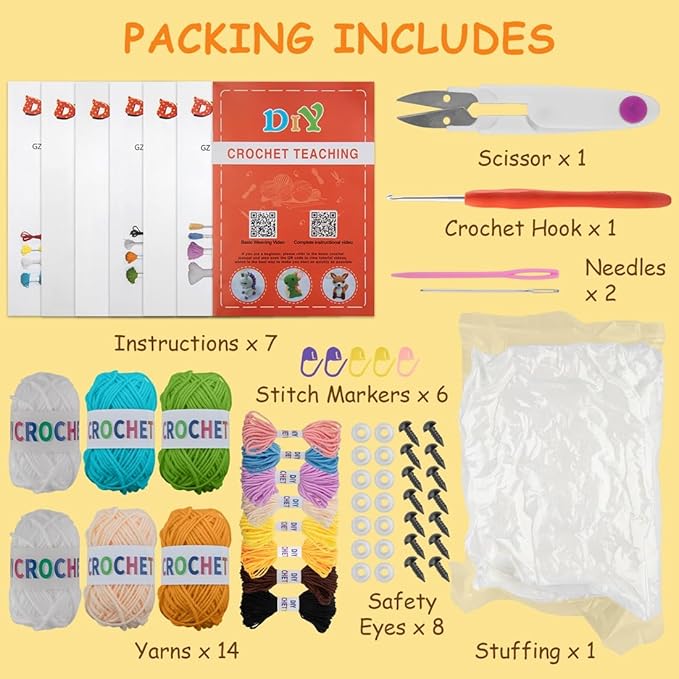 KIECIK 6Pcs Crochet Kit for Beginners, Crochet Animal Kits，Knitting Kit for Adults with Step by Step Videos Tutorials, Knitting Kit Great Birthday Holiday Gift, DIY Keychain Pendants(Set -02)