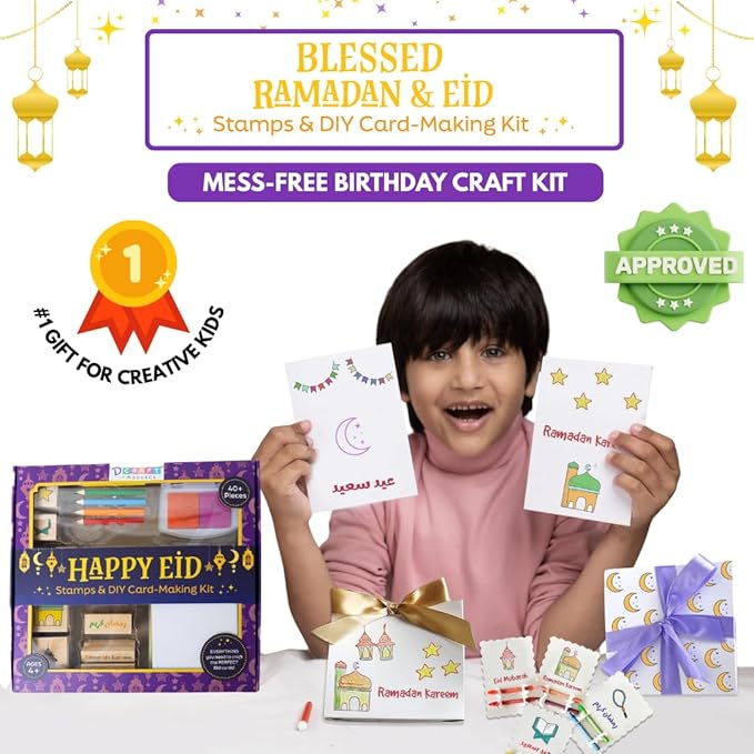 Ramadan & Eid Crafts Set with Stamps DIY Card-Making Kit for Kids 40 Pieces 11 Wooden Stamps, 12 Cards & Envelopes, 5 Pencils, Dual-Color Ink Pad, Ramadan Stickers-Islamic Gifts, Ramadan Decor