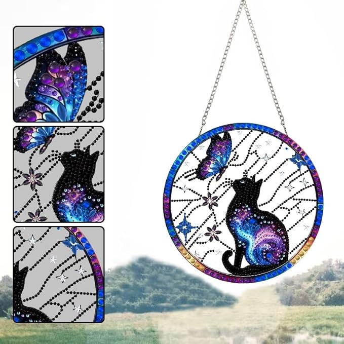 STGLCR DIY Hanging Diamond Art Pendant Painting Kit Cat Wreath, Acrylic Diamond Art Board Butterfly Ornament for Adults Painting Pendant Ornament for Home Wall Decor 7.87inch Aurora