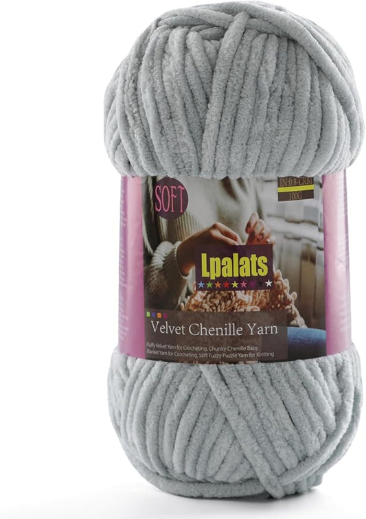 Baby Blanket Yarn for Crocheting Soft - 1 Pack of 100g/3.5oz Chunky Chenille Yarn for Knitting Blankets Amigurumi - Super Bulky Yarns - 87 Yards Thick Plush Yarns (1, Light Grey)
