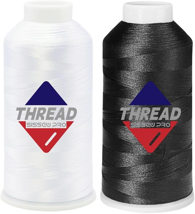 SissewPro 40WT Machine Embroidery Thread 2 Huge Spool (5,000M Each 10,000M Total) – White & Black Polyester Embroidery Machine Thread 120D/2 for Commercial & Home Machines