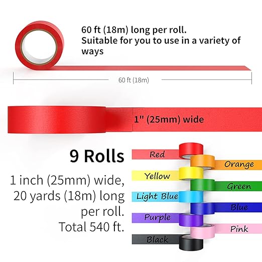 Colored Masking Tape, Color Painters Tape for Kids, 9 Rolls 1 inch Wide x 19.7 Yards Each, Colorful Paper Tapes Rainbow Colors for Labeling Packing, Painter Tape Variety Pack, Craft Tape