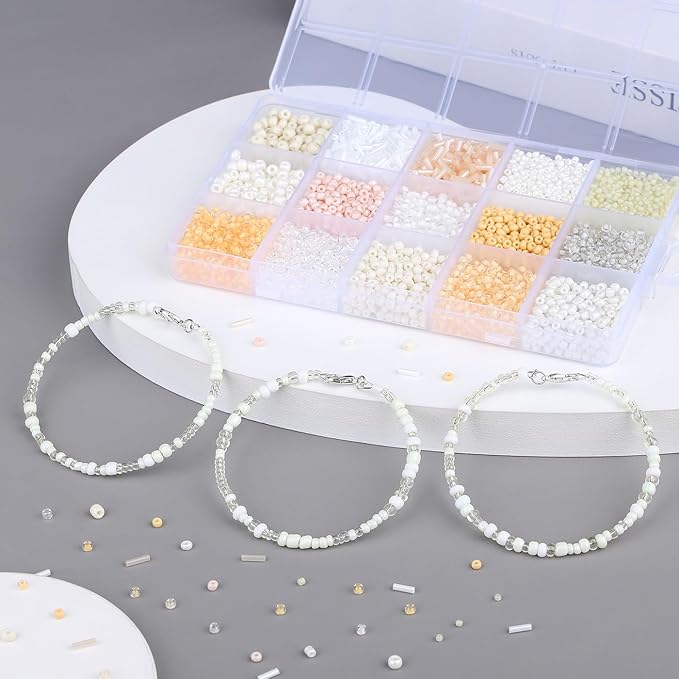 DUQGUHO 4mm Glass Seed Beads Kit Off-White Beads for Jewelry Making 15 Color 3mm 2mm Small Plastic Tube Bead for Bracelets Craft DIY