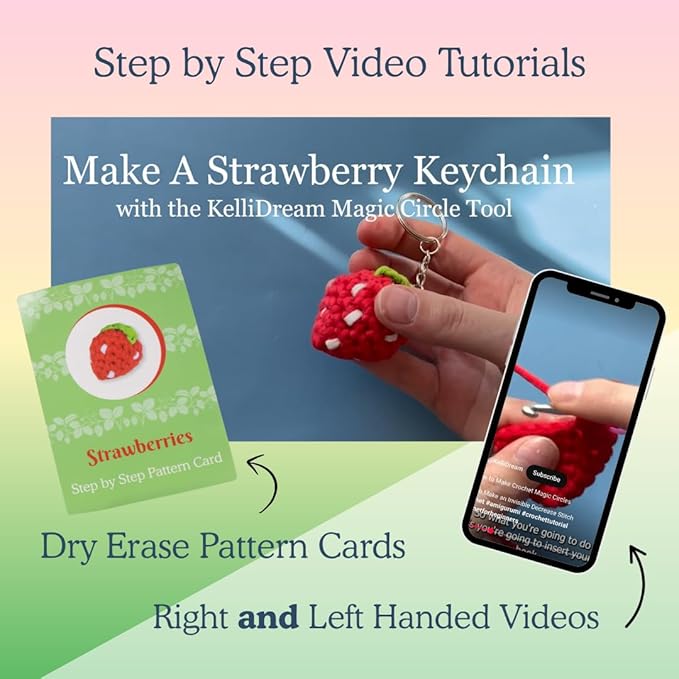 KelliDream Magic Circle Tool Inclusive Learn to Crochet Kit for Beginners; Step-by-Step Video Tutorials; All Supplies to Make Cute Amigurumi(Strawberry Patch)