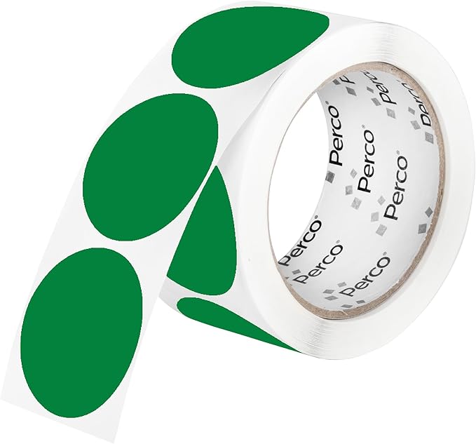 perco green 2-inch perforated circle dot sticker labels — 250 round stickers per roll — with permanent adhesive for organizing, color coding, bin labeling, packaging alerts — made in usa