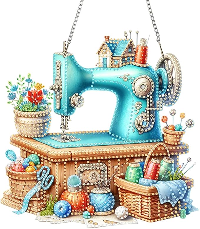 POETRYDRAW DIY Hanging Diamond Art Pendant Kit, 5D Blue Sewing Machine Special Shaped Crystal Diamond Art Window Acrylic Pendant Ornament Wall Art Suncatchers Sign for Home Decoration