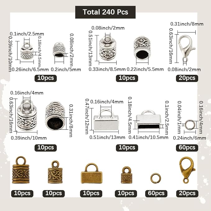 SUNNYCLUE 1 Box 240pcs Cord End Caps Kumihimo Cord Ends Alloy Metal Antique Silver Bronze Leather Crimp Kumihimo Cords Tips with Lobster Clasp Jump Rings for Jewelry Making Kit Bracelets Necklaces
