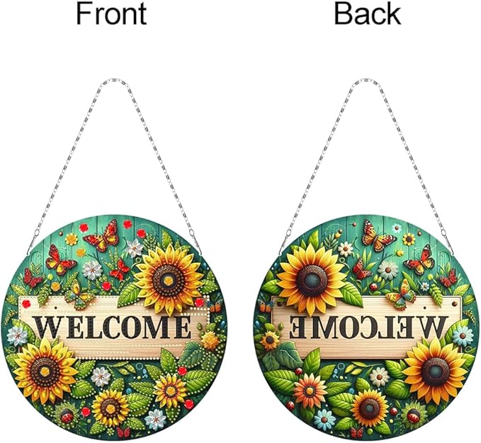 POETRYDRAW DIY Hanging Diamond Art Pendant Kit Welcome Sunflower, Special Crystal Diamonds Painting Ornament for Adults, 5D Diamond Art Suncatchers Double Sided Board Gem Painting Box Kit