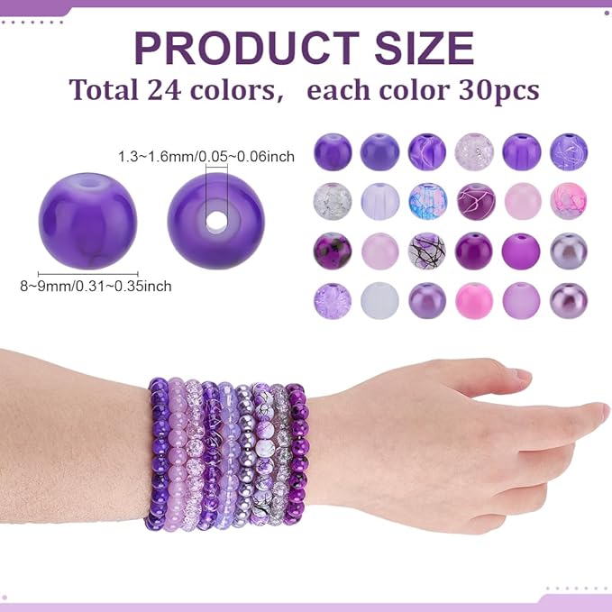PH PandaHall 720pcs 8mm Purple Glass Beads 24 Color Round Bracelet Beads Loose Crystal Bead Craft Bead Bulk for Summer Friendship Bracelet Necklace Earring Jewelry Making DIY Craft Party Ornament
