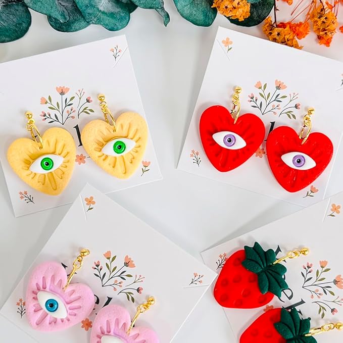 Xaekicr 4PCS Polymer Clay Cutters Set - Eye, Strawberry, Clover Heart Shape Clay Earring Cutters for DIY Jewelry Making, Clay Tools and Polymer Clay Molds