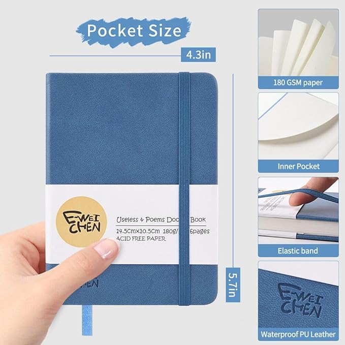 Small Blank Notebook, 96Pages, Hardcover Sketch Book for Drawing, 5.7x4.1 Pocket Journal Notebook for Travel, 180gsm Thick Paper Diary Notebooks for Work, Leather Cover Memo for Writing. Deep Blue