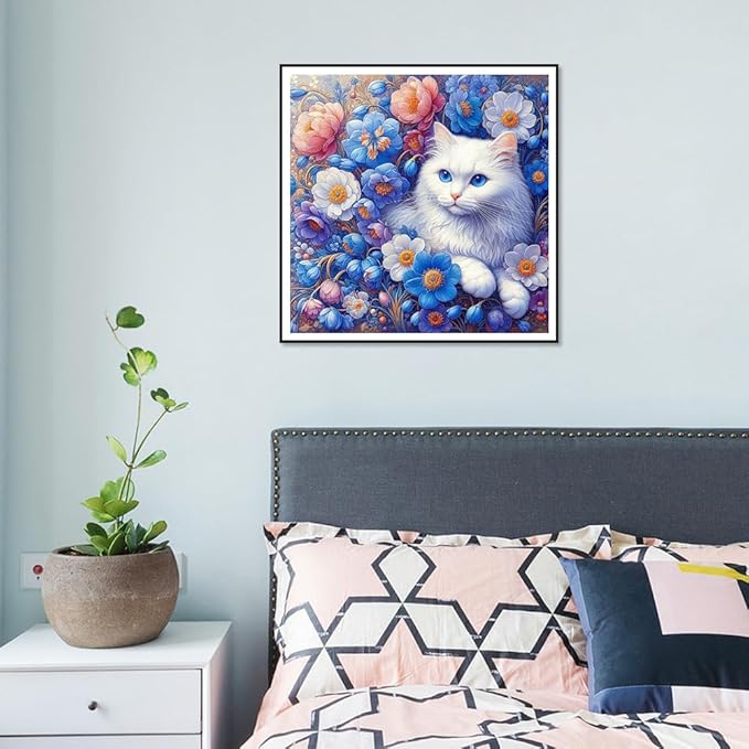 WSLWXSHM Diamond Painting Kits for Adults Cat, Flower Round Full Drill Diamond Art Kits, 5D DIY Paint with Diamonds Crafts for Home Wall Decoration Gifts 12×12Inch, Animal