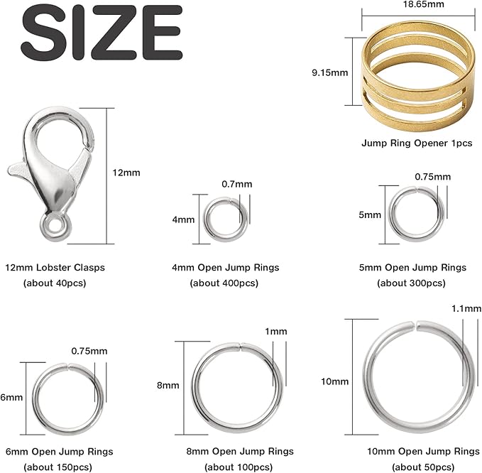 Jump Rings Kit With1000PCS Open Jump Rings 40PCS 12mm Lobster Clasps and Jump Rings Opener for Jewelry Making Keychains and Necklace Repair (Sliver)