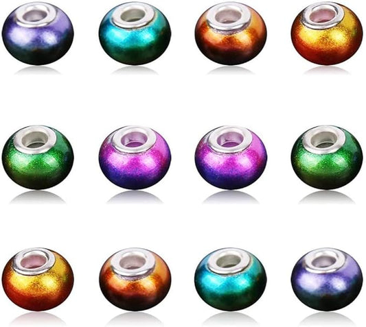 AIPRIDY 100Pcs 15x11mm Painting Murano Large Hole Glass Beads Mix Color with Silver Brass Cores European Charm fit Bracelet Necklace (Light Double Color Glass)